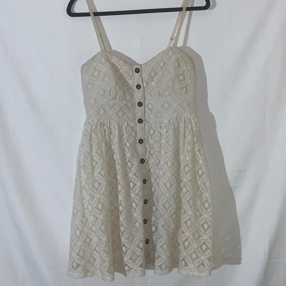 Sleeveless Mini Dress Spaghetti Strap Top Ivory White Lace Three Pink Hearts XL